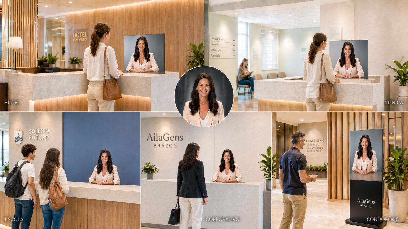 Imagem da AilaGens aplicada em hotel, clínica, escola, recepção corporativa e condomínio